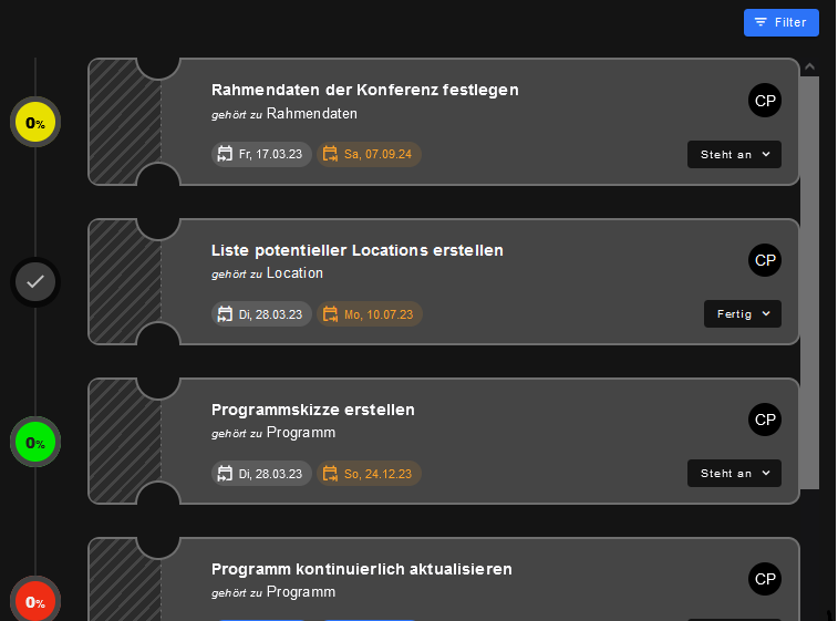 Aufgaben-Zeitplan in Conference Planner mit Meilensteinen, Fristen und Bearbeitungsstatus
