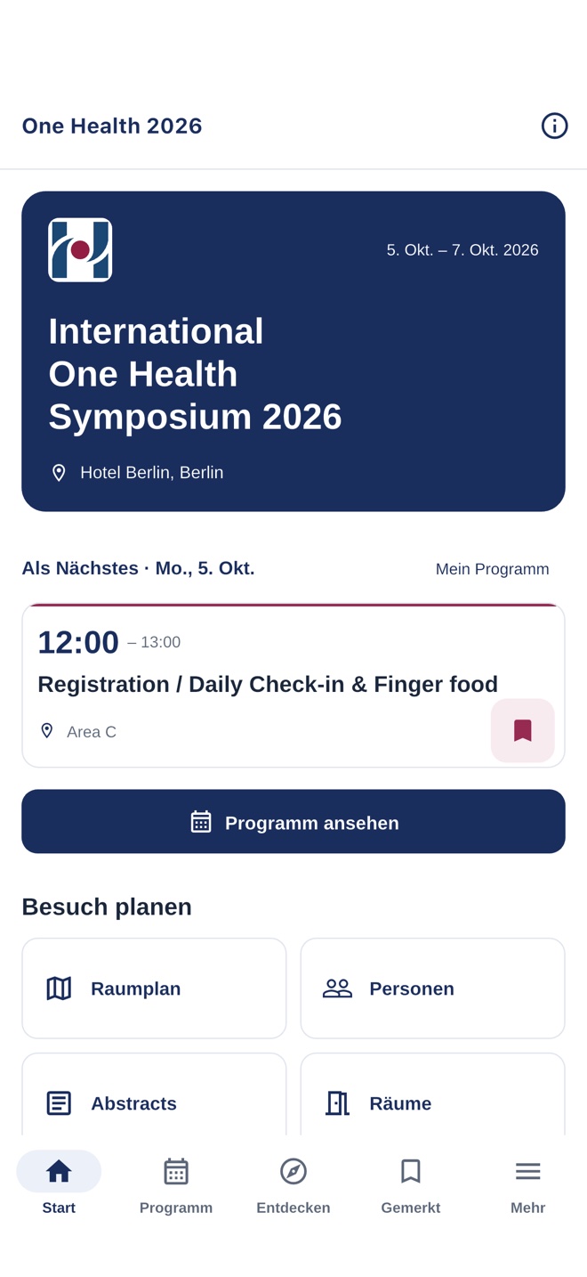 Startseite des One Health Symposium mit dem nächsten Programmpunkt und Zugängen zu Veranstaltungsinformationen