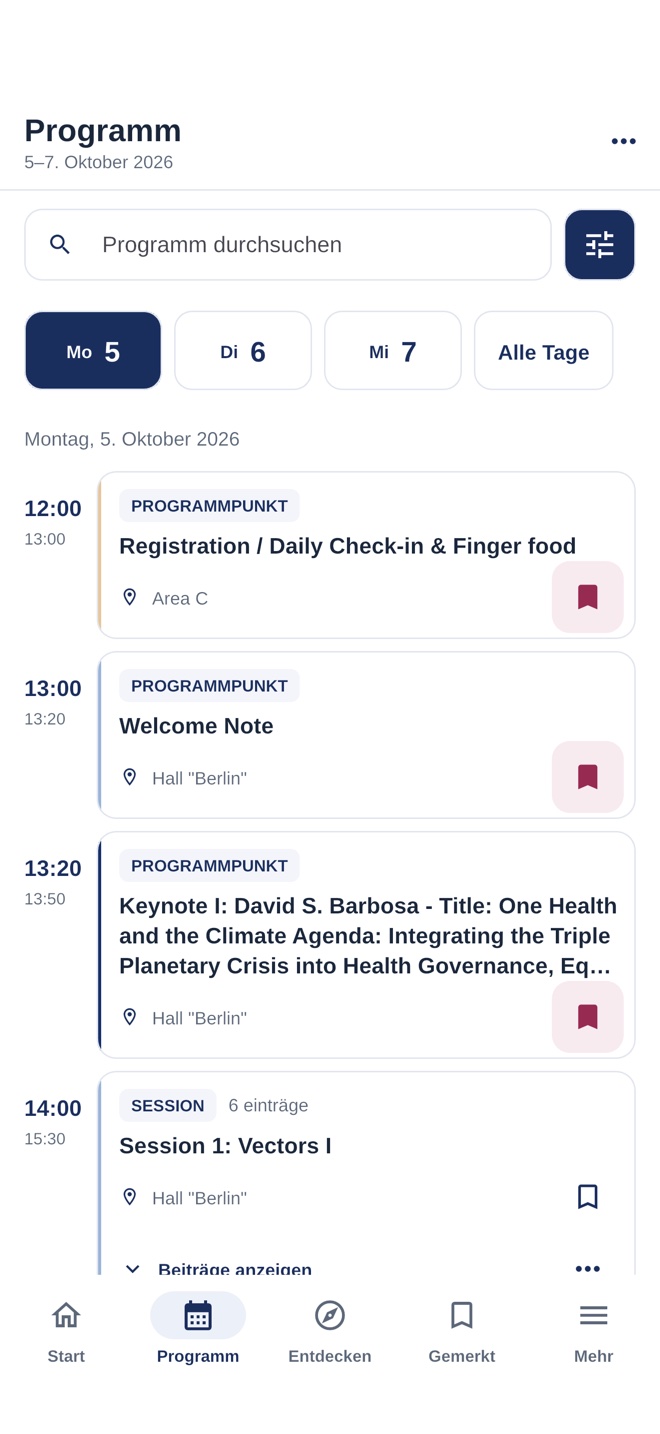 Programm des One Health Symposium mit Sitzungen, Uhrzeiten, Räumen und Lesezeichen