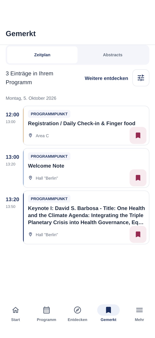 Persönlicher Zeitplan des One Health Symposium mit drei gespeicherten Programmpunkten
