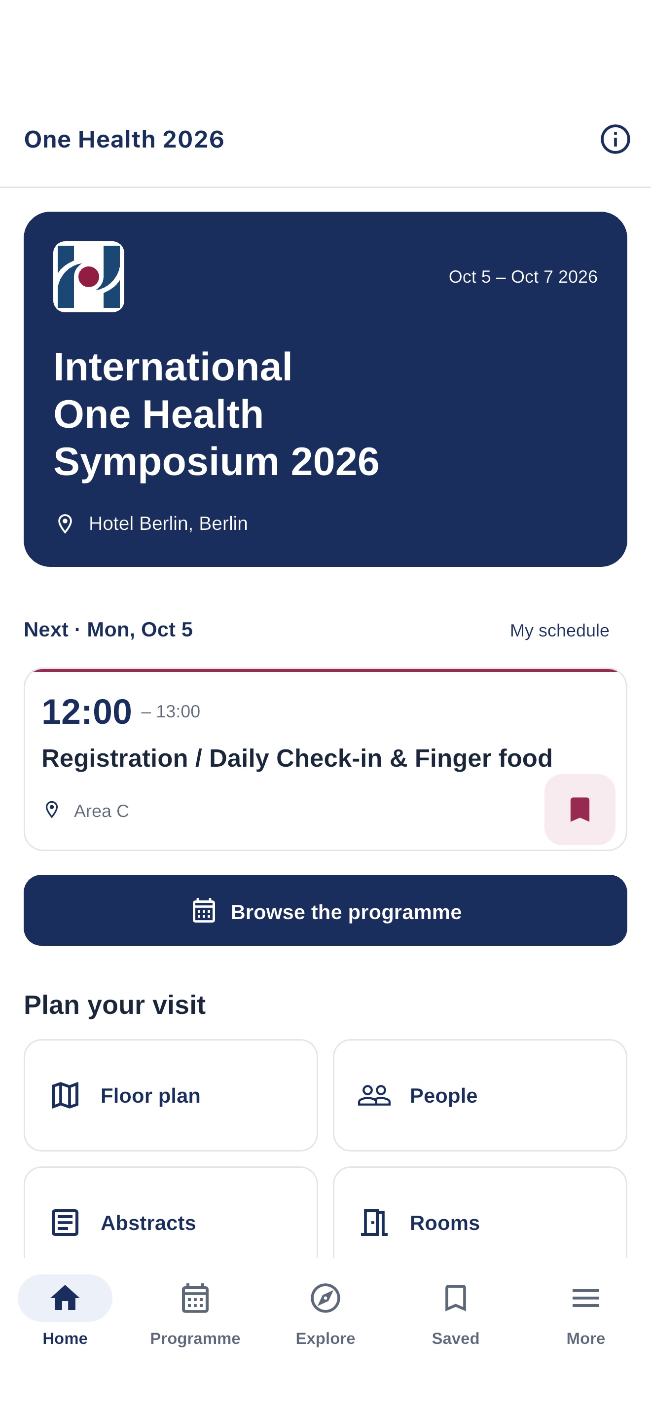 One Health Symposium home screen showing the next programme item and shortcuts to conference information