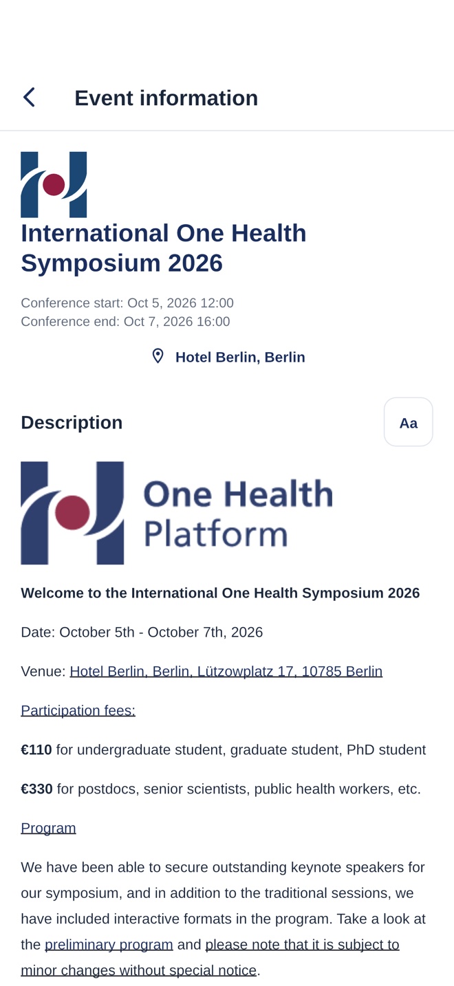 One Health Symposium event information with the conference logo, dates, and editable content