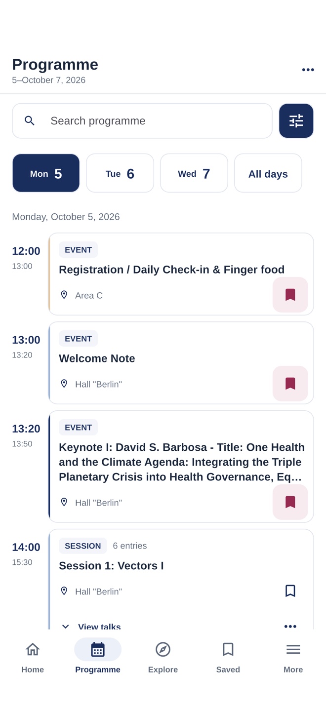 One Health Symposium programme with sessions, times, rooms, and bookmark controls