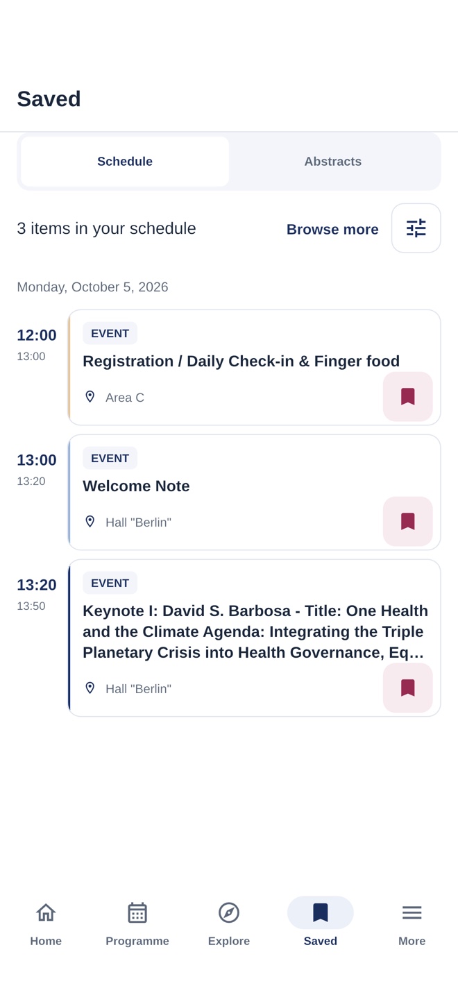 One Health Symposium personal schedule showing three saved programme items