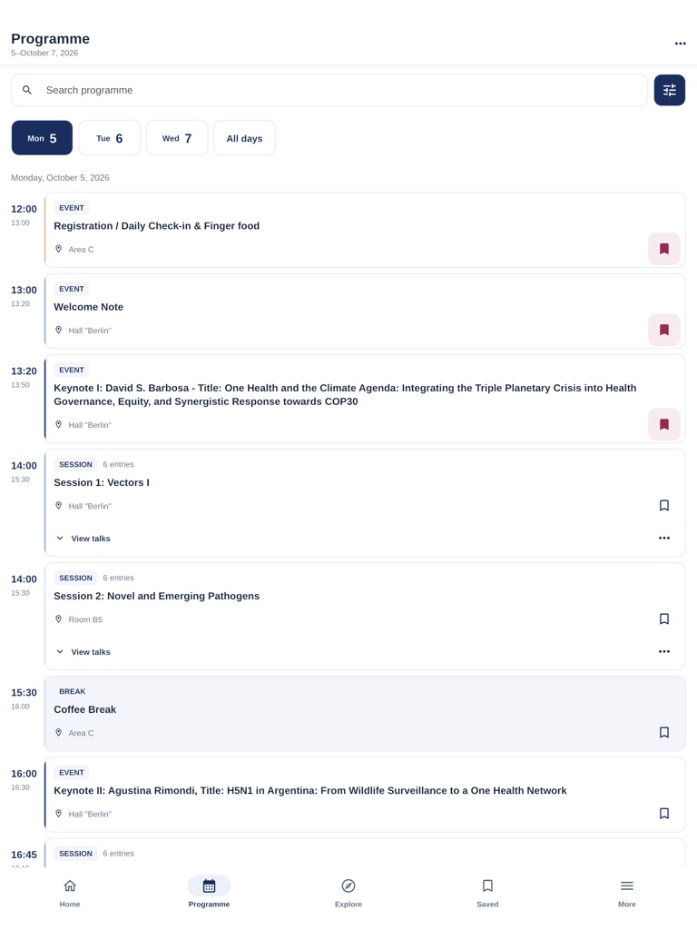 One Health Symposium programme in the app’s iPad layout, showing sessions, times, and saved items